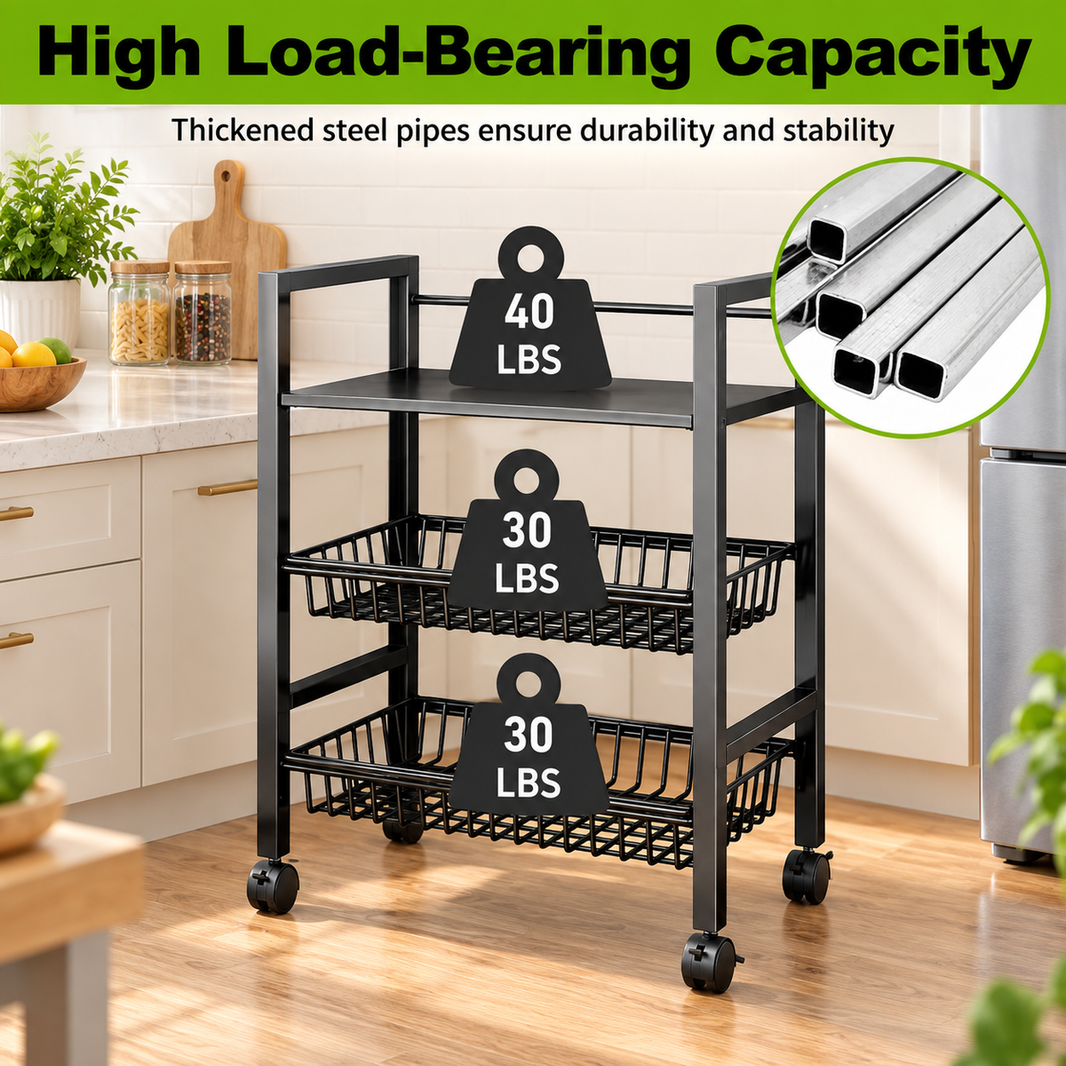 3-Tier Detachable Basket Kitchen Cart
