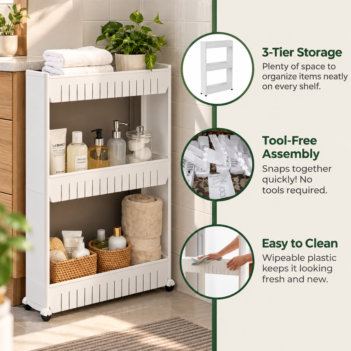 3-Tier Slim Kitchen Rolling Cart