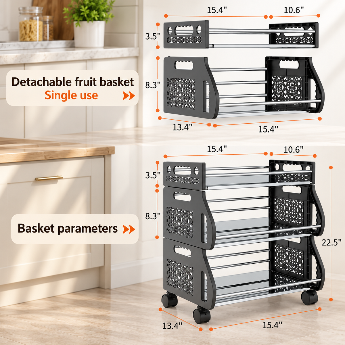 3-Tier Rolling Produce Basket Cart