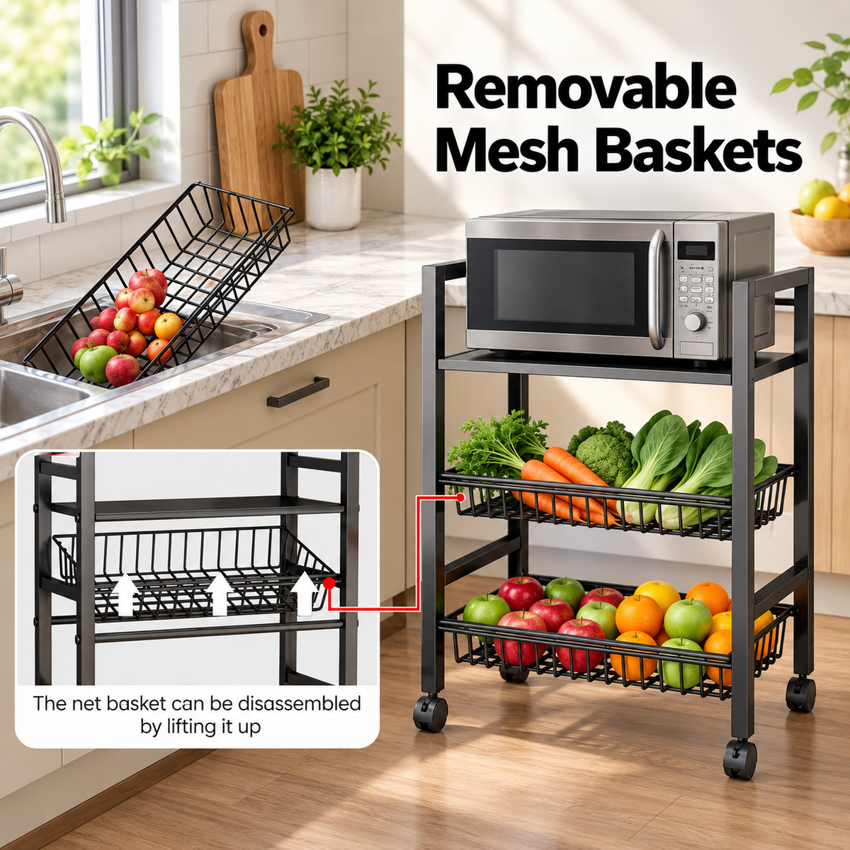 3-Tier Detachable Basket Kitchen Cart