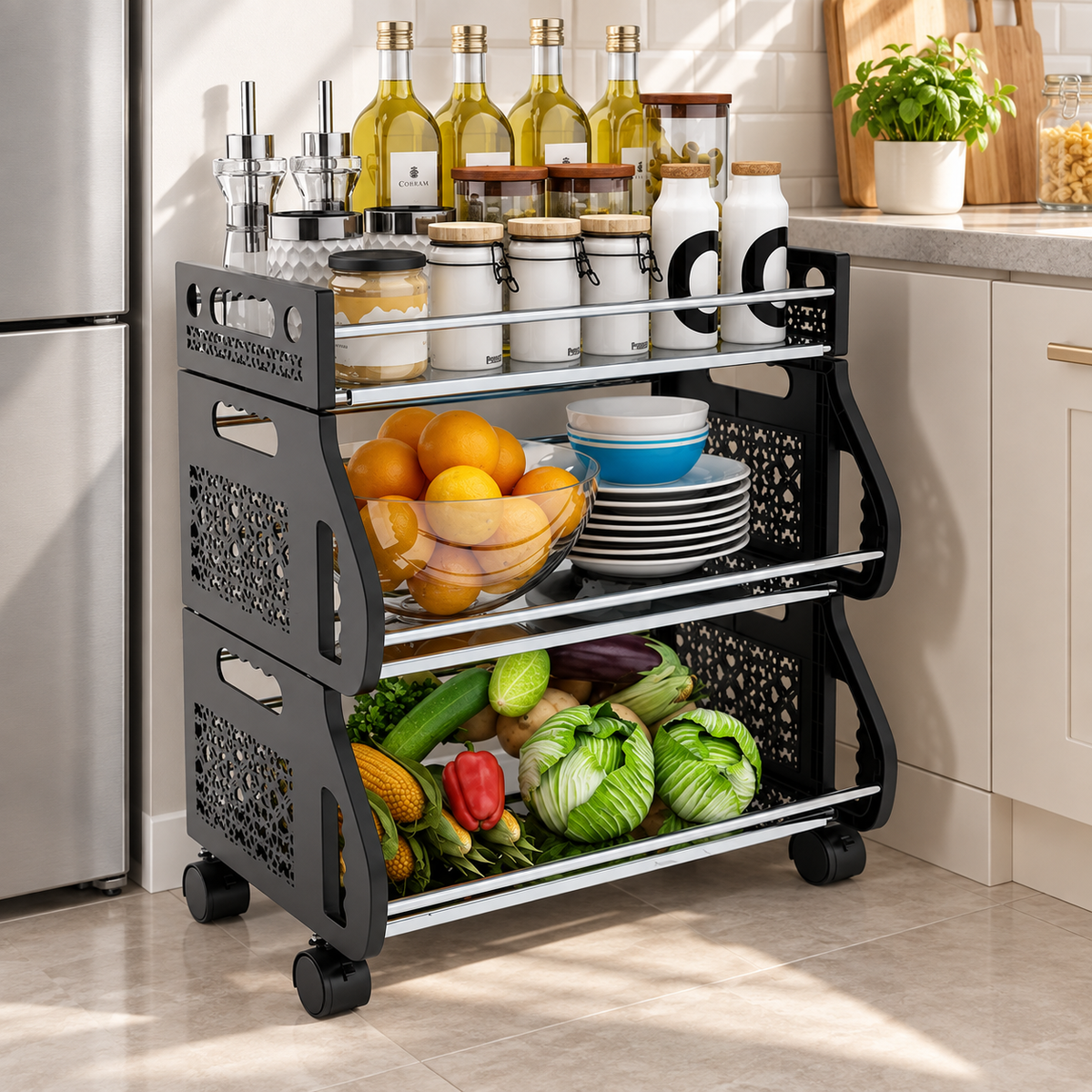 3-Tier Rolling Produce Basket Cart